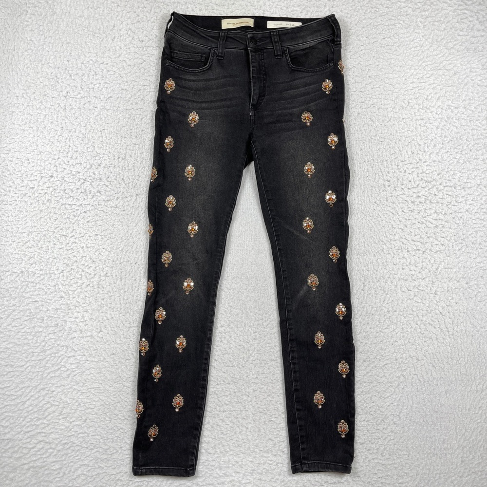 Pilcro Jeans Womens 28 Black Script Embellished Beaded Boho Anthropologie Skinny